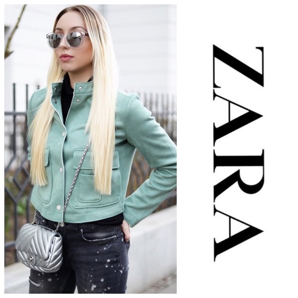 Zara Faux Suede Crop Moto Jacket Green - Picture 4 of 7